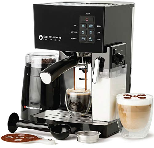 EspressoWorks 19-Bar Espresso, Latte and Cappuccino Maker 10-Piece Set - Brew Cappuccino and Latte with One Button - Espresso Machine with Milk Steamer 1250W - Coffee Gifts (Black)