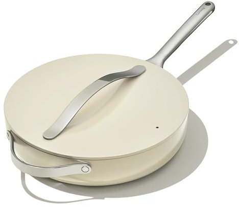 Caraway Nonstick Ceramic Sauté Pan with Lid (4.5 qt, 11.8) - Non Toxic, PTFE & PFOA Free - Oven Safe & Compatible with All Stovetops (Gas, Electric & Induction) - Cream