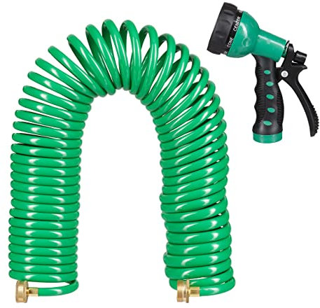 Relaxdays Tubo a Spirale da Giardino, Pompa Estensibile Fino a 20 m, Salvaspazio, Erogatore con 7 Tipi di Getto, Verde, 87 x 10 cm