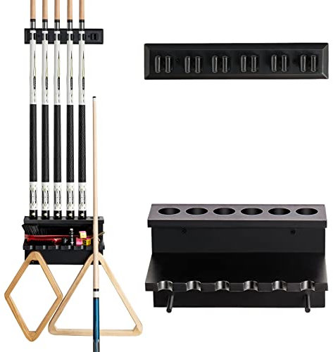 EXTCCT Billard-Cue-Rack – Wandmontage, Eiche, 6 Queues, Schwarz, Poolbillardzubehör-Aufbewahrung