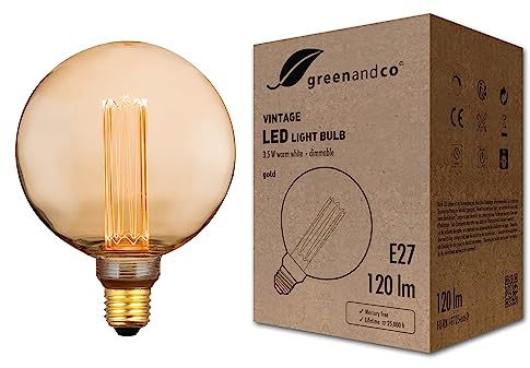 greenandco dimmbare Vintage Design LED Birne zur Stimmungsbeleuchtung | E27 G125 | gold | 3,5W 120lm | 1800K extra warmweiß | 320° | 230V | flimmerfrei | Edison Glühbirne