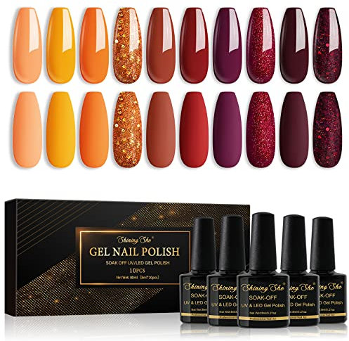 Shining She Nail Polishes Set, 10 Colours Yellow Orange Red Glitter Gel Polish Set Soak-Off UV/LED Nail Polish Gel for Autumn Winter Halloween, 8ML