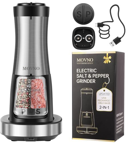 MOVNO 2 in 1 Rechargeable Electric Salt and Pepper Grinder Set with Charging Base, No Need Battery Automatic Salt and Pepper Grinder, One-Handed Operation, Adjustable Ceramic Grinder with LED Light