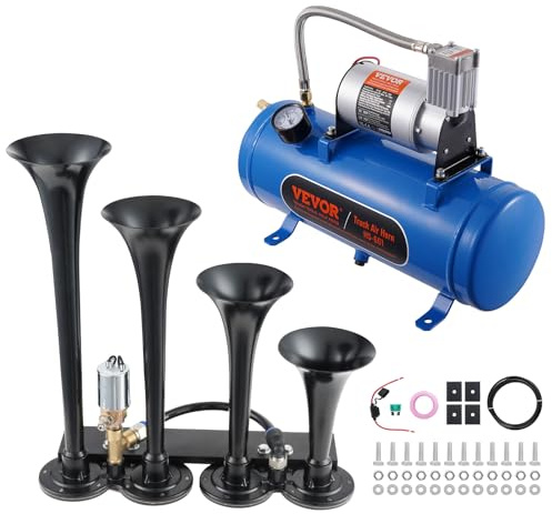 VEVOR Set Clacson da Camion Auto, Set da 4 Trombe Clacson 150 dB per Camioncini, Compressore d'Aria da 12V Pressione 120 PSI, Serbatoio 6 Litri con Manometro per Veicolo a 12V, Camion, Furgone, Barca