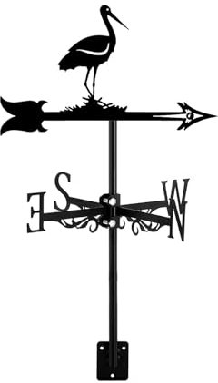 Wetterfahne, Wildtier-Ornament, Windrichtungsanzeige, Edelstahl, Wetterhahn mit Dachhalterung, für Garten, Dekoration, Bauernhaus, Terrasse, Hof, Storch, Schwarz
