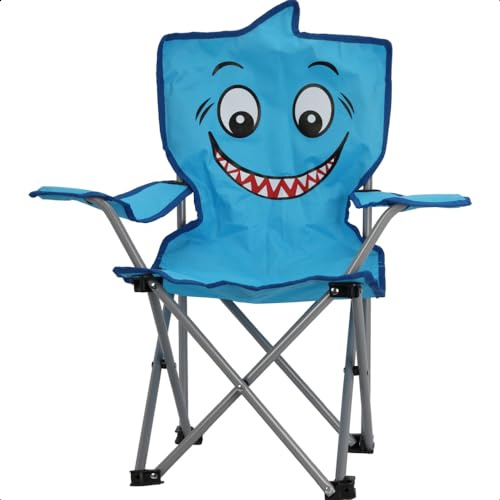 idooka Kids Folding Deck Chair with Carry Bag for Camping, Beach, Garden, Fishing - Cute Animals Design in Shark - Strong Portable Plastic Chairs for Children up to 50kg