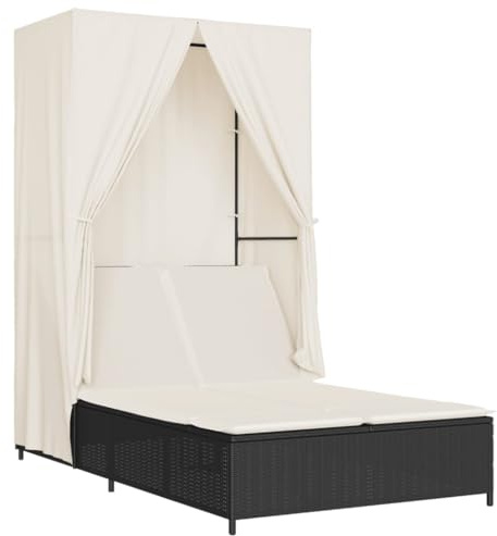 vidaXL Tumbona Doble con Techo y Cortinas ratán sintético Negro, Tumbona, Cama de día de Exterior, Cama de día de jardín, Tumbona de Exterior