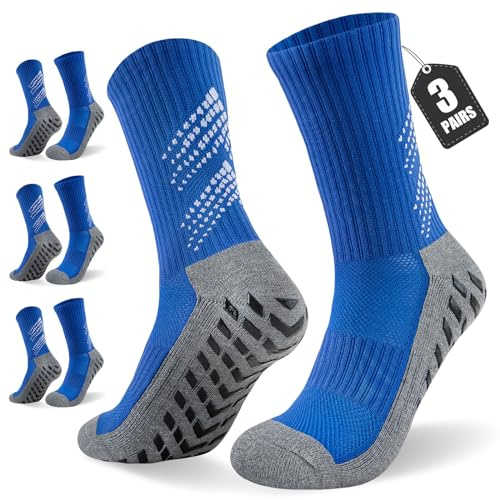 Niorasen 3 Pairs Grip Socks, Anti-Slip Football Sports Socks for Men Women Cushion Wicking Breathable Athletic Sock Slipper for Soccer Basketball Running Rugby Yoga Walking Hiking Cricket (Blue-M)