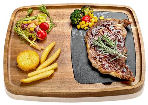 LiWiBet Servierbrett Set aus Akazienholz & Schieferplatte, Steakbrett Holz Schiefer Serviertablett, Servierplatte für Steak, Sushi, Käse, Burger