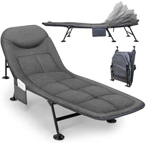 Warmiehomy Sun Lounger Reclining Garden Chair with Side Pocket Folding Fishing Bedchair 5 Gear Adjustable Outdoor Sunloungers with Headrest Portable Sunbathing Chair, Dark Grey