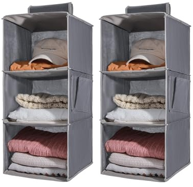 YRCBEHFU 2 Packs Hanging Closet Organizer Stroage, 3-Shelf Hanging Shelves with Bamboo Inserts & Side Pocket, Grey