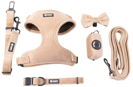 PUPPYPAWS™ Harnais Chien Kit 6 Pièces - Harnais Veste Ajustable, Laisse, Collier avec Nœud Papillon Détachable, Ceinture de Sécurité Voiture, Harnais Respirant, Distributeur de Sacs à Crottes (M)