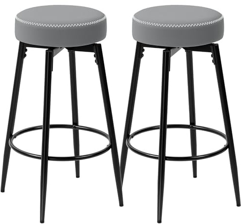 HOMCOM 360 Degree Swivel Bar Stools Set of 2, Kitchen Counter Stools with Footrest, Faux Leather with Stitching, Modern Barstools for Breakfast Island, 69 cm Tall, Grey
