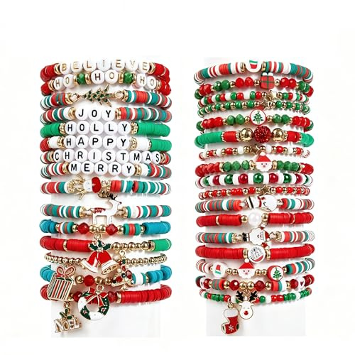 GUDOTRA 32 Pulseras de Navidad para Niños y Niñas Elásticas Pulsera para Navidad Fiesta Pulseras de Arcilla de Letra para Niños Regalos de Cumpleaños Fiestas Pulsera de Amistad para Mujeres