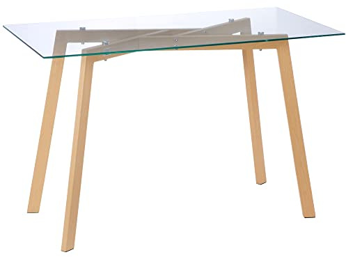 HOMCOM Table à Manger rectangulaire pour 4 Personnes, 120 x 60 x 76 cm, Table de Cuisine avec Plateau en Verre trempé et Pieds en Acier, Style Moderne, Transparent et Bois Naturel