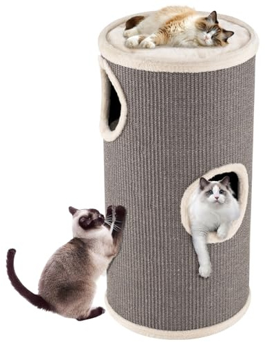 GOPLUS Tonneau à Gratter pour Chats avec 3 Niveaux, Tour pour Chat avec Perchoir Supérieur Spacieux, Trous d’Entrée et de Sortie, Arbre à Chat à 2 Couches en Sisal Naturel, Ø 36 (Gris, 70CM (H))