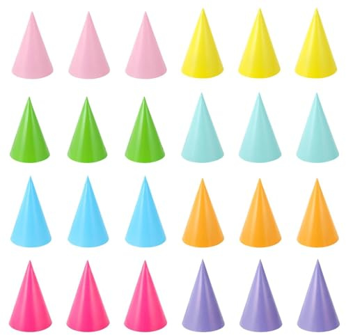 Lyntrioris 24-Piece Vibrant Party Hat Set with Adjustable Elastic Bands for Festive Celebrations and Classroom Activities