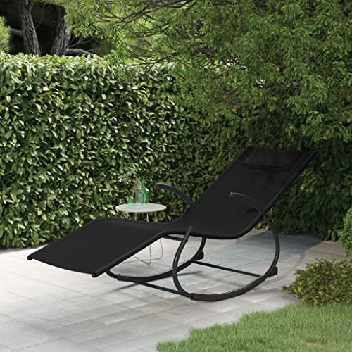 Mandloder Schaukelliege Schwarz aus pulverbeschichtetem Stahl und atmungsaktivem Textilene, 164x61x73 cm, ergonomischer Patio Chaise Lounger für Garten, Balkon und Terrasse