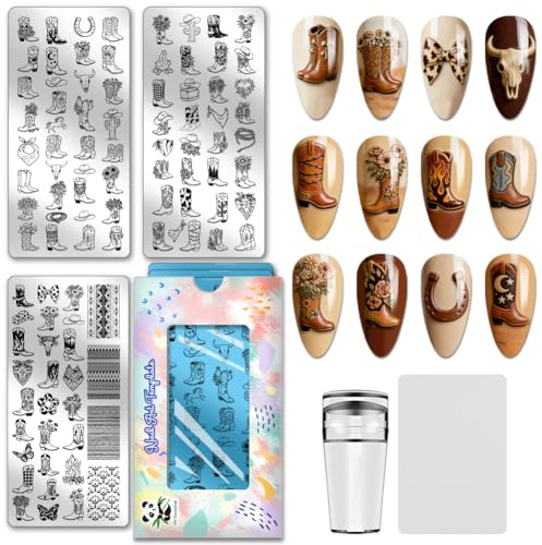 PH PandaHall 3pcs Plaques de Stamping pour Ongles Bottes de Cowboy Pochoirs pour Nail Art Western Pochoirs pour Manucure Cheval Cactus Fer à Cheval Chapeau Plaques D'Images pour Ongles pour Manucures