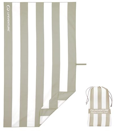 Lifeventure Strandtuch, schnell trocknend, sandfrei, kompakt, leicht, geruchshemmend, 100% recycelt, inklusive Tasche, Beige gestreift, Größe L, 150 x 90 cm