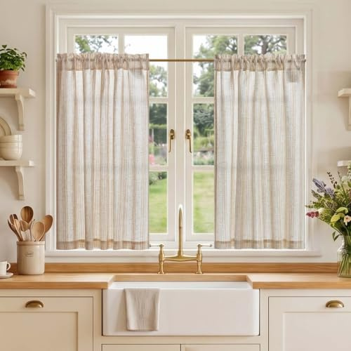 TOPICK Linen Look Kitchen Curtains, Cafe Curtains, W36 xL36 Taupe Striped | 2 Panels Rod Pocket Light Filtering Curtains, Half Window Curtain 2 Drapes for Bedroom, Living Room, Cupboard Base, Sink
