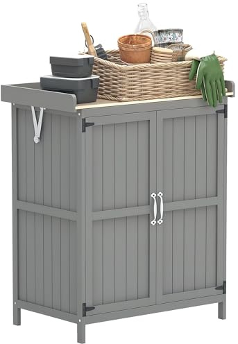 Outsunny Armoire de Jardin en Bois Abri de Jardin 2 Portes Étagère Gris