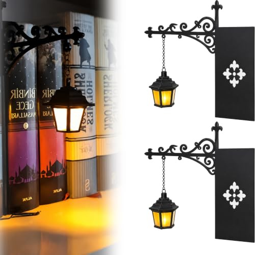 Library Lantern Bookshelf Lamp, Vintage Hanging LED Book Nook Light with Hidden Insert Panel, Warm Decorative Shelf Lighting for Reading Nook, Home Library, Study (A- 2 Pack)