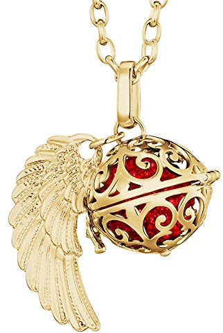 Morella collar ángel de la guarda de acero inoxidable oro 70 cm con colgante alas de ángel y bola de resonancia de color rojo 16 mm para damas en bolsa para joyas