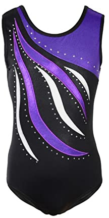 MORESAVE Gymnastics Leotards for Girls Sleeveless Sparkle Leotards Shiny Embroidery Athletic Ballet Dance Bodysuit One Piece Practice Unitards Jumpsuit for Kids Teens(Purple,7-8 Years)