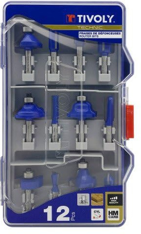 TIVOLY - Multi Shape Router Bit Set 12 Pieces- 5/46 -8mm Shank - Carbide Blade - 3 Straight Bit - 1 Flush Trim Bit-1 Dovetail Bit-1 90° V Grooving Bit- 2 Roman Ogee Bit-2 Chamfer Bit-1 Core Box Bit