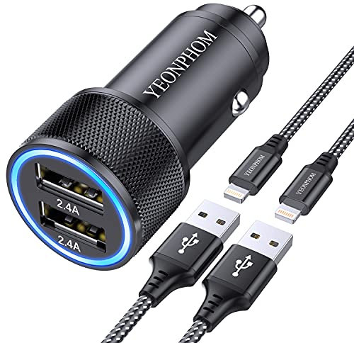 YEONPHOM Car Charger Compatible for iPhone 12 Pro Max/Mini/11 Pro Max/XS Max/XR/X/8/7 Plus/7/6S/6/5S/5C/SE/5,2.4A [All Metal] Dual Fast USB Car Phone Charger Adapter with 2x1M Charging Cable