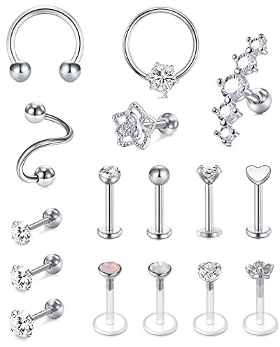 Rajnard 16stk Tragus Piercing Helix Piercing Chirurgenstahl Silber Knorpel Ohrpiercing Ohrstecker Ohrring 16G CZ Barbell Piercing Labret Monroe Schmuck Damen Männer