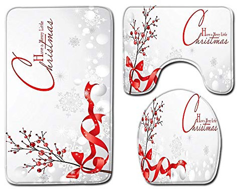 HJOSWVNS Badteppich Grau-Rote Weihnachten Badvorleger Set 3 teilig Badematte rutschfest Saugfähig Badezimmerteppich Waschbar Fussmatte Teppich, für Badezimmer, Wohnzimmer, Schlafzimmer 45x75cm