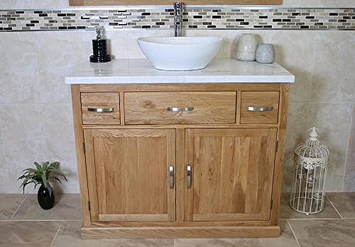 Wooden Bathroom Vanity with Sink and Drawers - Natural Oak Double Door Bathroom Sink Cabinet Wash Basin - Single Vanity Unit with Chromed Mixer Tap - Oval Bowl with White Marble Top (1161WMCBC)
