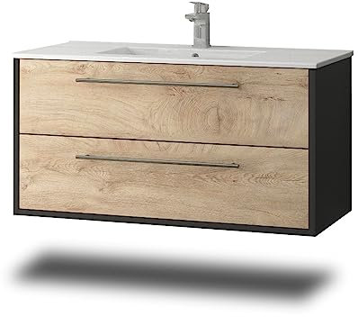 Stil.Zeit Evelia Badmöbel inkl. Waschbecken | Waschtisch mit Unterschrank 100.5 cm | Anthrazit/Dekor Eiche Natur| Metallgriffe/hängend