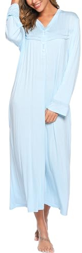 Sopesil Women's Long Nightdresses V Neck Soft Button Down Sleep Dress Ladies Nightgowns Long Sleeves Sleepwear with Pockets A-Light Blue,XL