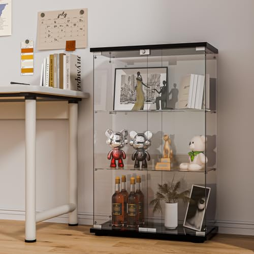 FANYUSHOW Glass Display Cabinet with Double Door and Lock, 3-Shelf Curio Cabinet 5mm Tempered Glass Floor Standing Bookshelf for Living Room, Bedroom, 49 H x 32'' L x 14'' W(Black)
