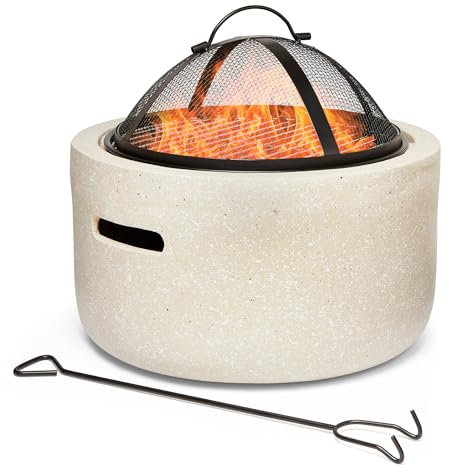 VonHaus Fire Pit – 2 in 1 Firepit with BBQ Cooking Grill for Outdoor, Garden, Patio – MgO Material, Stone Effect Finish, Fire Poker & Mesh Cover Included, Carry Handles – Use Wood or Charcoal to Fuel