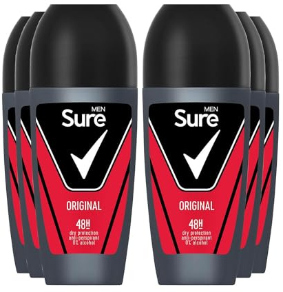Sure Antiperspirant Roll On Original 48H Sweat and Odour Protection Roll On with Citrusy, Spicy and Woody Scent Deodorant for Men, 50ml Pack of 6