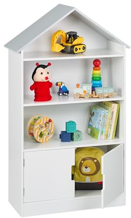 Relaxdays Kinderregal, Hausförmiges Bücherregal, 3 offene Fächer, 1 geschlossenes Fach, HBT: 115 x 68 x 28 cm, weiß/grau