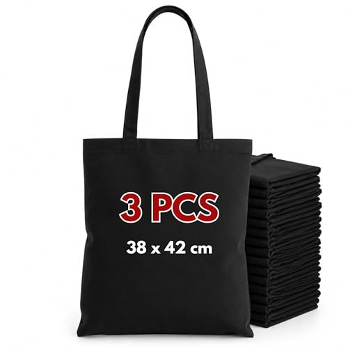 Wonky Line Bolsas de Algodón Reutilizables 100% Natural, Bolsas de Tela para Compras con Asas Largas Reforzadas, Paquete Múltiple Ideal para Personalizar e Imprimir - Negro - 3