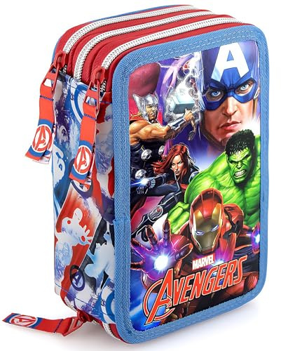 Clondo Estuche Triple Relleno para Niños, para Los Vengadores Avengers Fan, 45 Accesorios Escolares, Plumier 3 Cierres, Compartimentos Organizados, Lápices de Colores, Marcadores, Pegamento, Tijeras