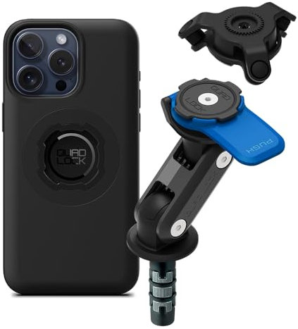 Quad Lock Motorcycle Fork Stem Phone Mount Kit with Vibration Dampener and iPhone 15 Pro Max MAG Case