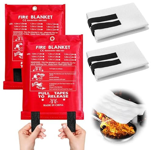 2 Pièces Couverture Anti-Feu, 1.2m*1.2m Couverture Anti-Incendie, Couvertures Anti-Feu De Cuisine, Couverture Anti-Feu en Fibre De Verre pour Les Feux De Graisse, Cuisine, Voiture, Caravane, Etc