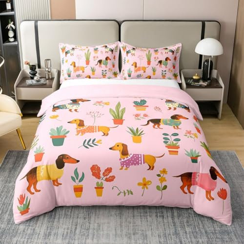 100% Baumwolle Mädchen Rosa Dachshund Tröster Abdeckung 155x220,Regenbogen Blume Floral Bettwäsche Set für Kinder Jungen Mädchen,Kawaii Wurst Hund Bettbezug,Schöne Welpe Bettbezug,Weiche Bequem