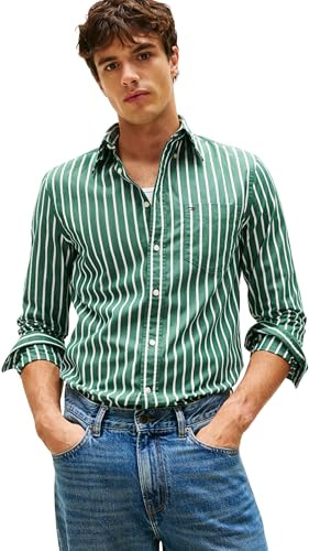 Tommy Hilfiger Chemise Homme Flex Poplin Ground Stripe Regular Fit, Vert (Ornamental Green/Stripe), L