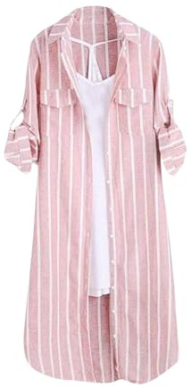 Angxiwan Cotton Linen Tops for Women UK Plaid Shirts for Women UK Plus Size Button Long Sleeve Summer Cardigan Casual Loose Fit Flowy Hem Tunic Tops Elegant Collar s Linen Shirts