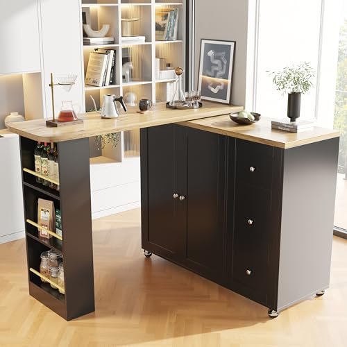 ModernLuxe 360° Swivelling Bar Table on Castors, Breakfast Bar with 3 Drawers and Snack Rack, Multifunctional Storage, Innovative Kitchen Islands, Suitable for Dining Room, Black, 138-209x39x106cm