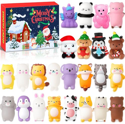 Chennyfun Advent Calendar 2025 for Kids, Christmas 24 Days Countdown Calendar with 24 Kawaii Mochi Animal Toys, Party Favor Toys Christmas Stocking Fillers Surprised Gift For Kids Boys Girls