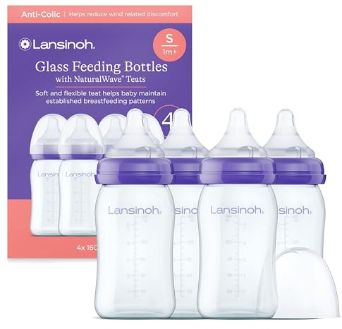 Lansinoh Glass Baby Bottle + NaturalWave™ Slow Flow Teat with Anti Colic Air Vent - 4 x 160ml - BPA & BPS-Free - Breastfeeding Bottle Feeding: Clinically Proven to Reduce Nipple Confusion
